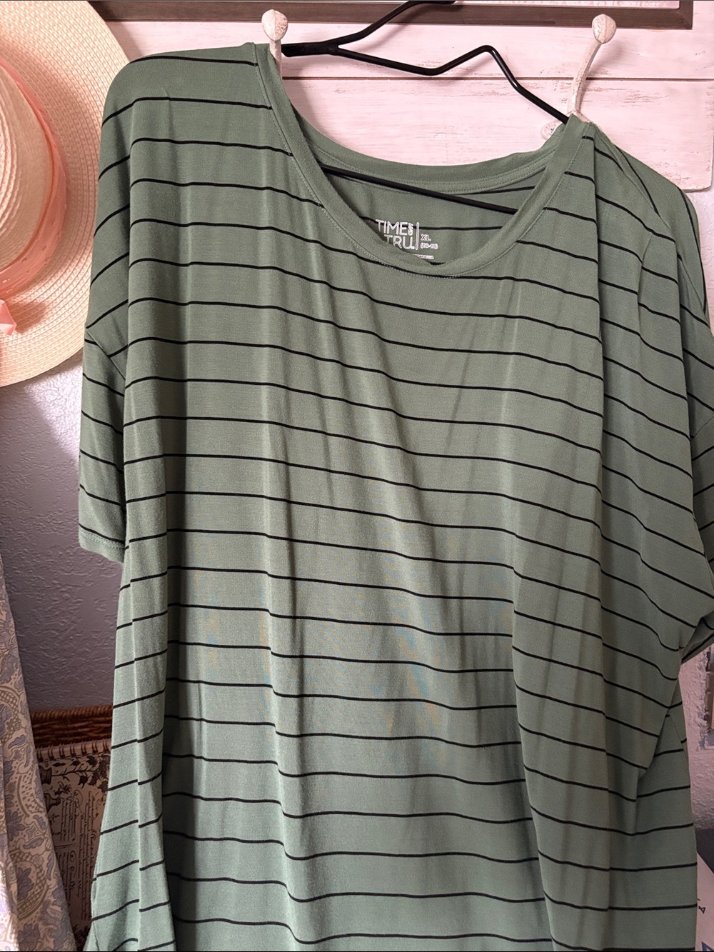 Time and Tru Olive Green and Black Striped Short Sleeve Tee